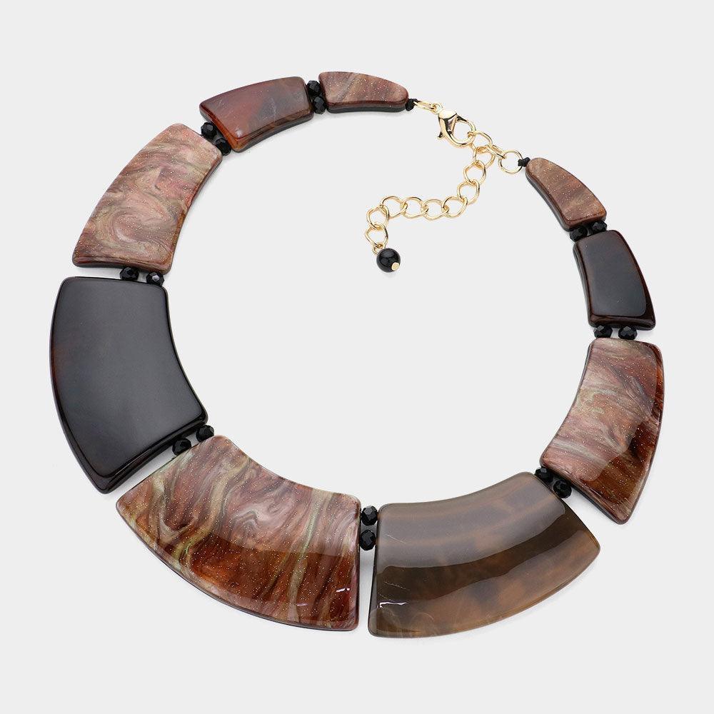 Brown Marble Print Resin Curved Bib Necklace - Jewelry Store by Erik Rayo