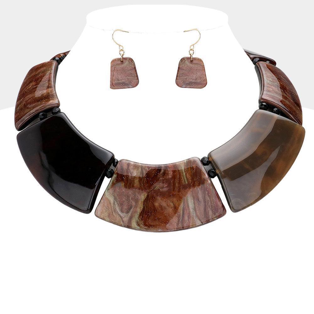 Brown Marble Print Resin Curved Bib Necklace - Jewelry Store by Erik Rayo