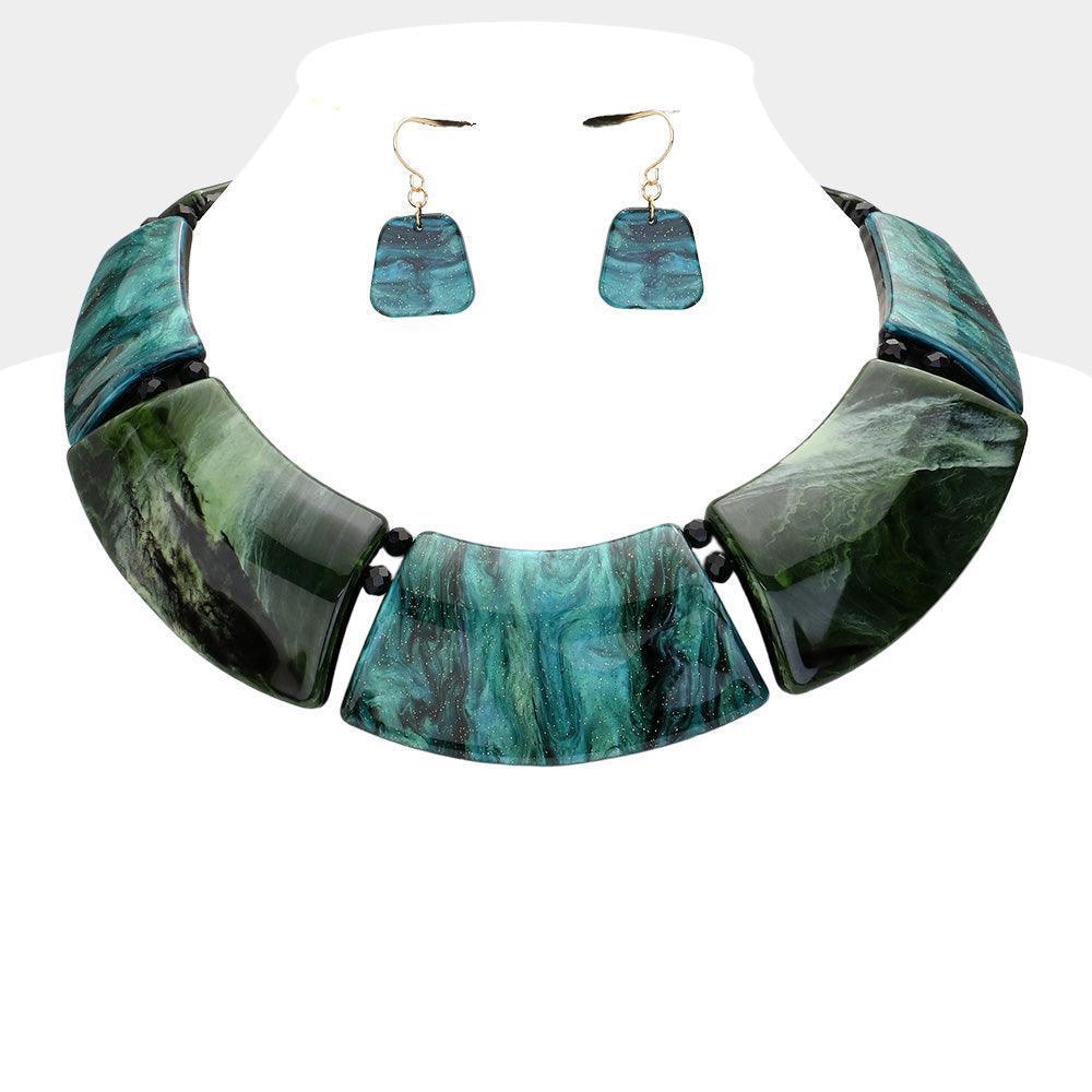 Green Marble Print Resin Curved Bib Necklace - Jewelry Store by Erik Rayo