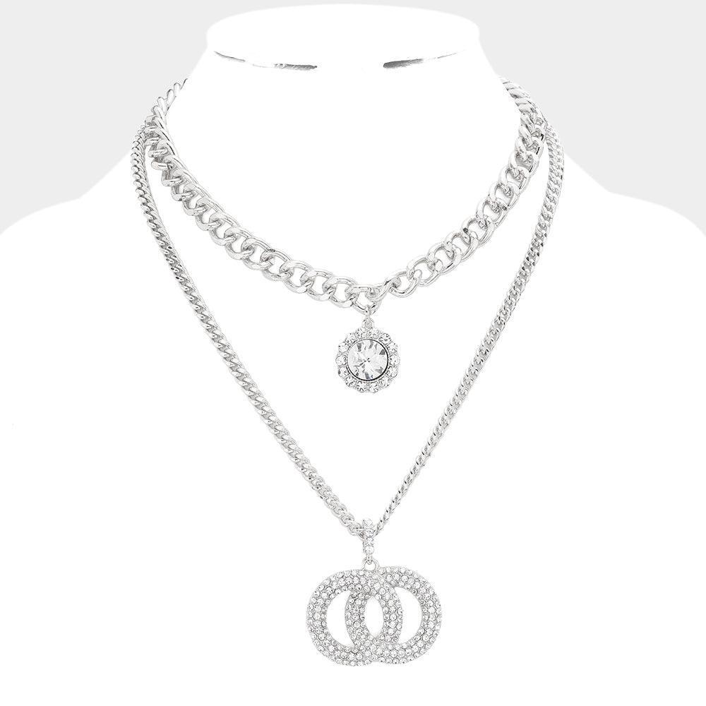Stone Embellished Open Circle Link Pendant Double Layered Necklace - Jewelry Store by Erik Rayo
