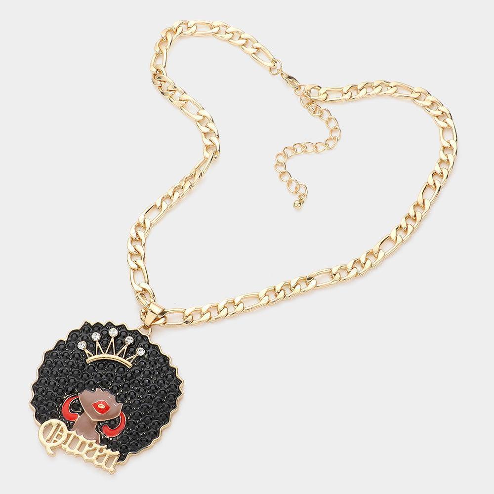 Black Stone Embellished Queen Message Afro Girl Pendant Necklace - Jewelry Store by Erik Rayo