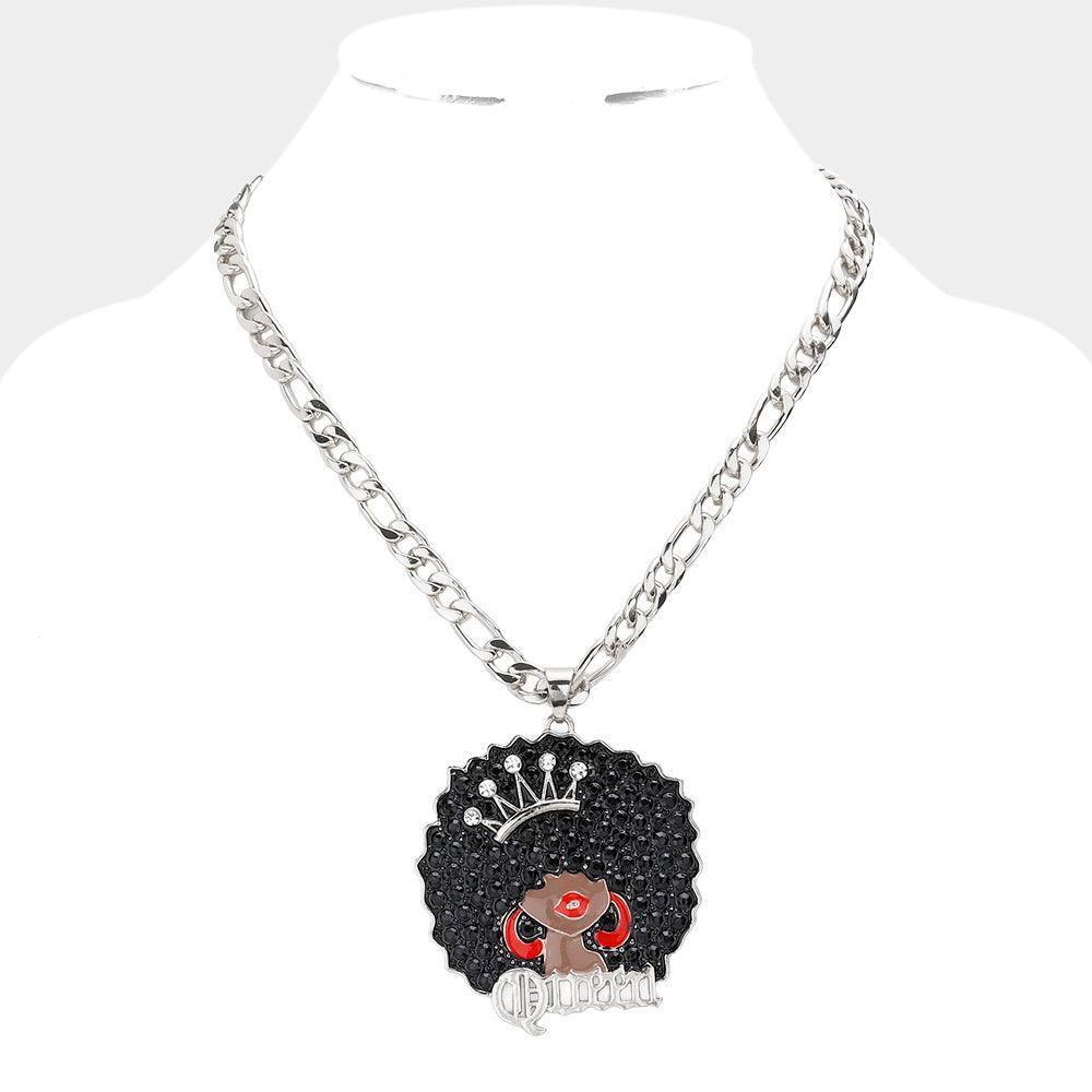 Red Stone Embellished Queen Message Afro Girl Pendant Necklace - Jewelry Store by Erik Rayo