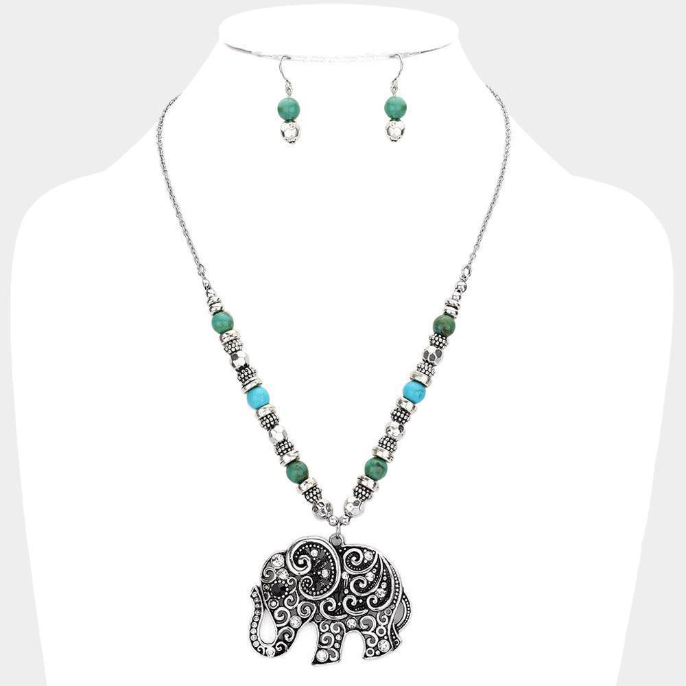 Turquoise Natural Stone Burnished Metal Elephant Pendant Necklace - Jewelry Store by Erik Rayo
