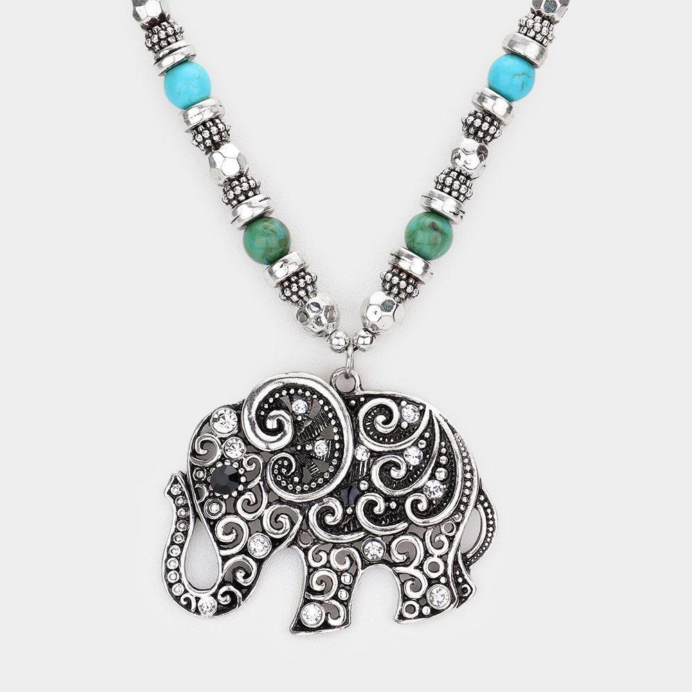 Turquoise Natural Stone Burnished Metal Elephant Pendant Necklace - Jewelry Store by Erik Rayo