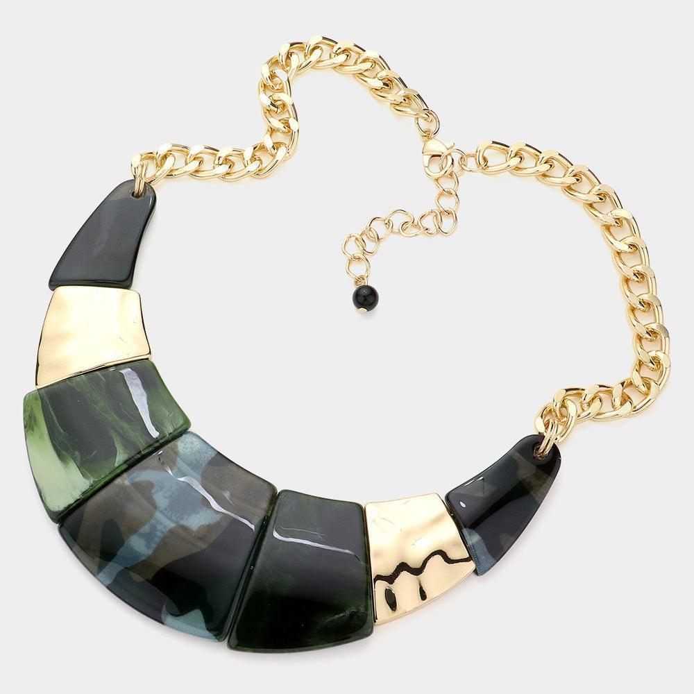 Green Camouflage Marble Print Resin Curved Bib Necklace - Jewelry Store by Erik Rayo