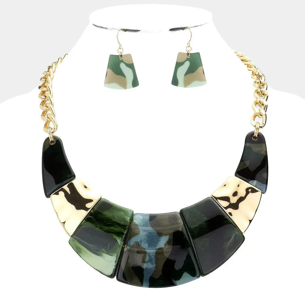 Green Camouflage Marble Print Resin Curved Bib Necklace - Jewelry Store by Erik Rayo