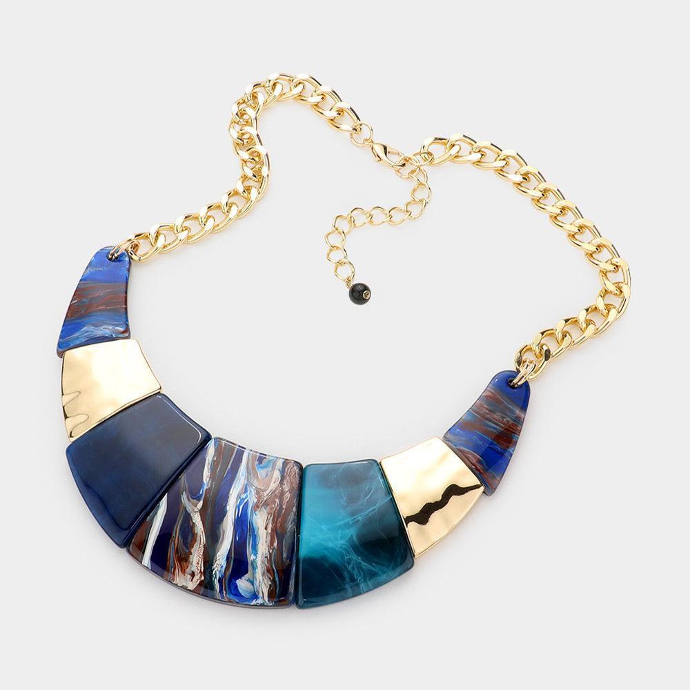 Blue Marble Print Resin Curved Bib Necklace - Jewelry Store by Erik Rayo
