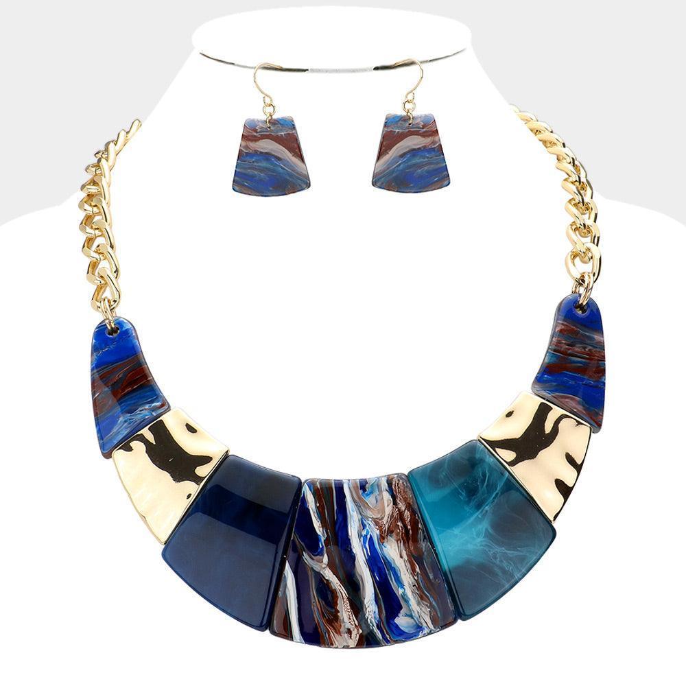 Blue Marble Print Resin Curved Bib Necklace - Jewelry Store by Erik Rayo