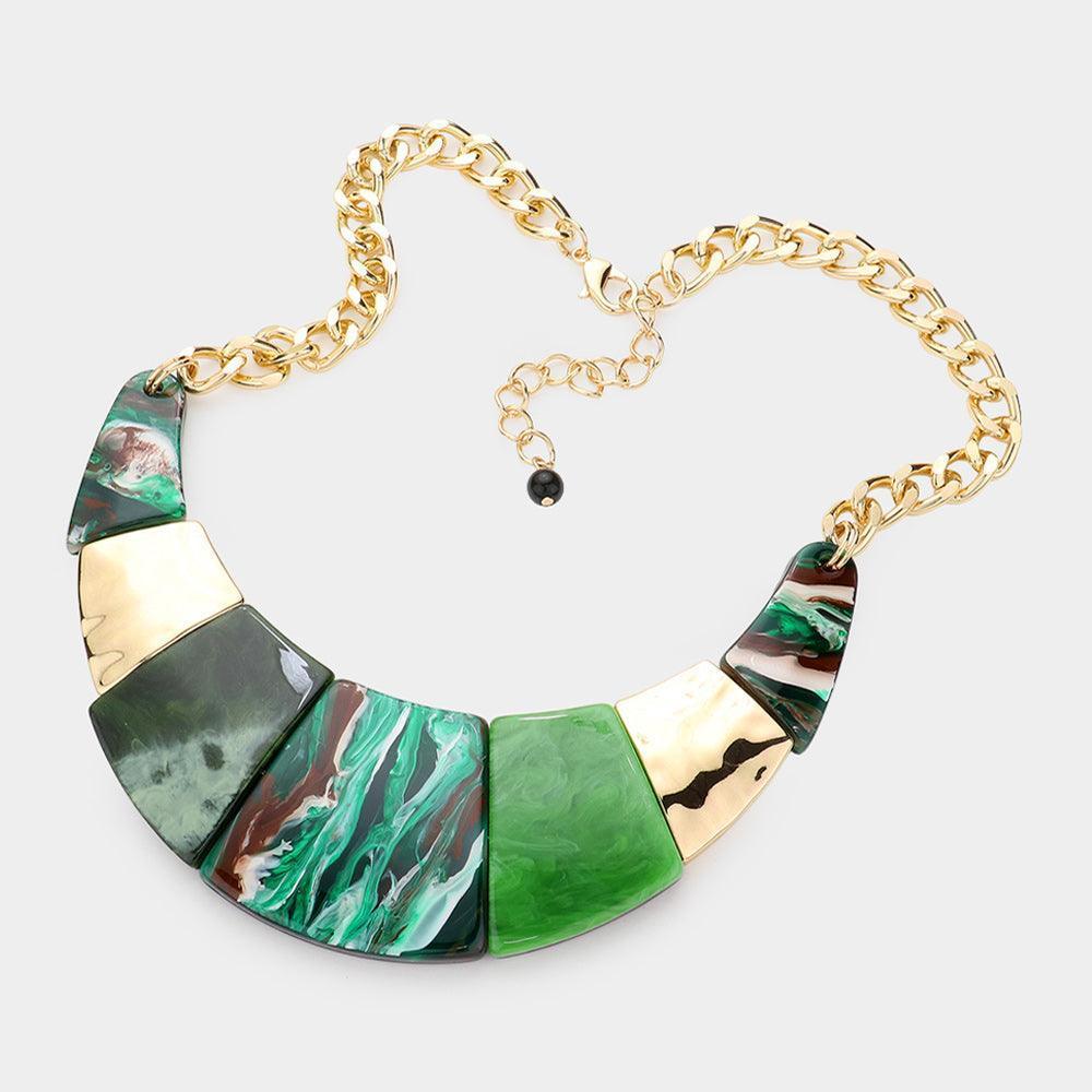 Green Marble Print Resin Curved Bib Necklace - Jewelry Store by Erik Rayo