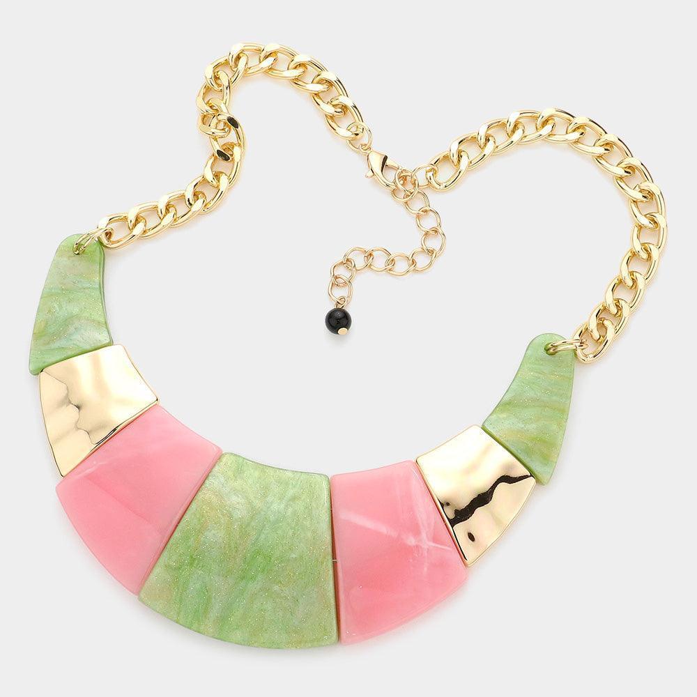 Pink Marble Print Resin Curved Bib Necklace - Jewelry Store by Erik Rayo