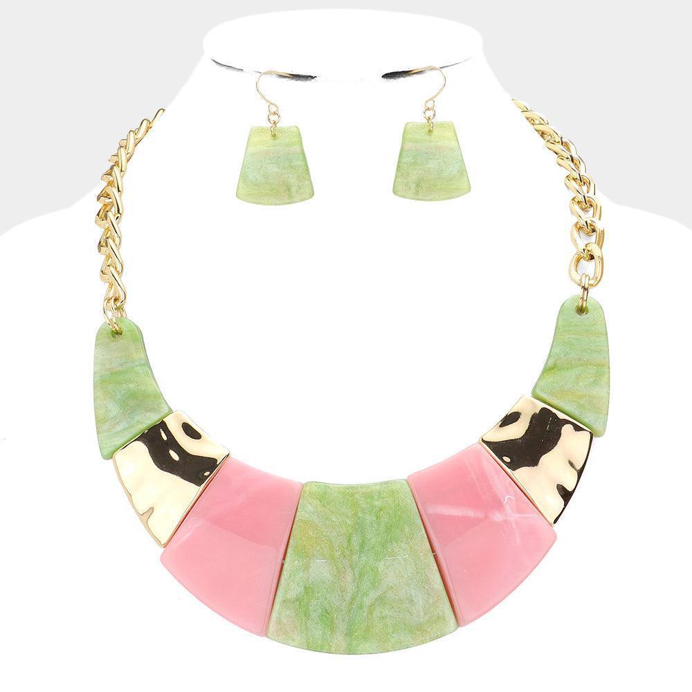 Pink Marble Print Resin Curved Bib Necklace - Jewelry Store by Erik Rayo