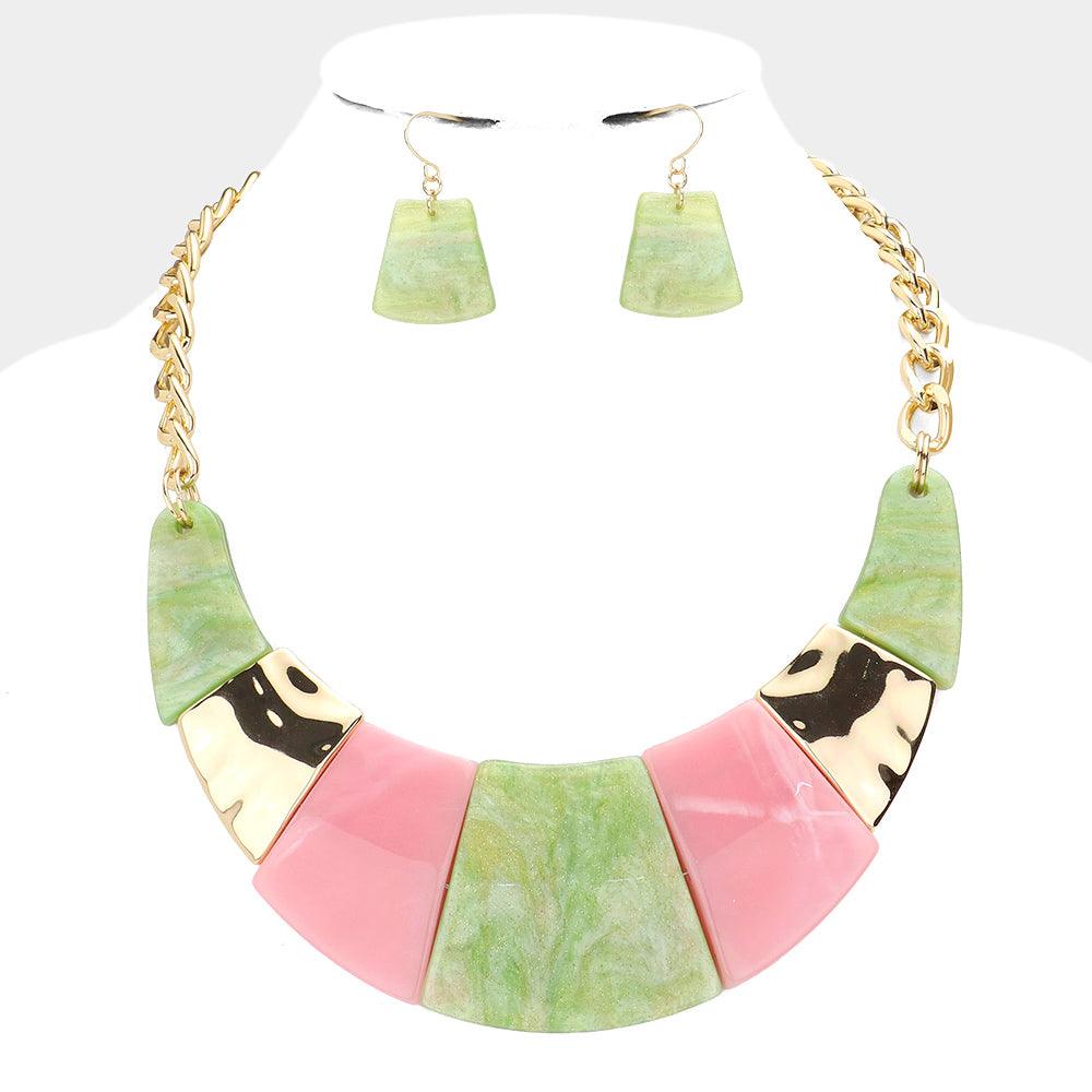 Pink Marble Print Resin Curved Bib Necklace
