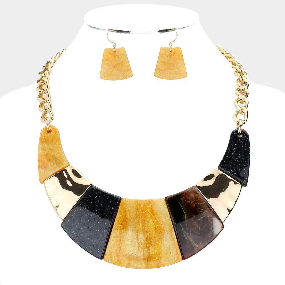 Yellow Marble Print Resin Curved Bib Necklace - Jewelry Store by Erik Rayo