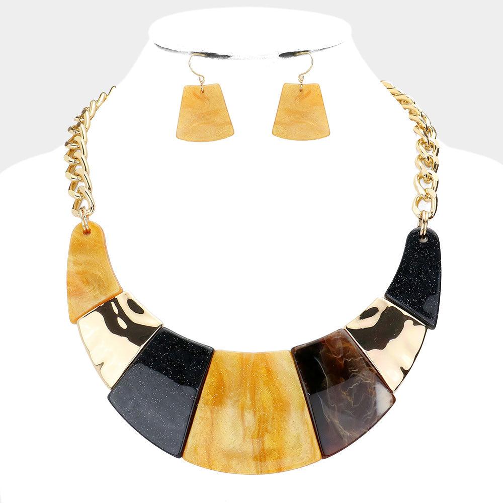 Yellow Marble Print Resin Curved Bib Necklace