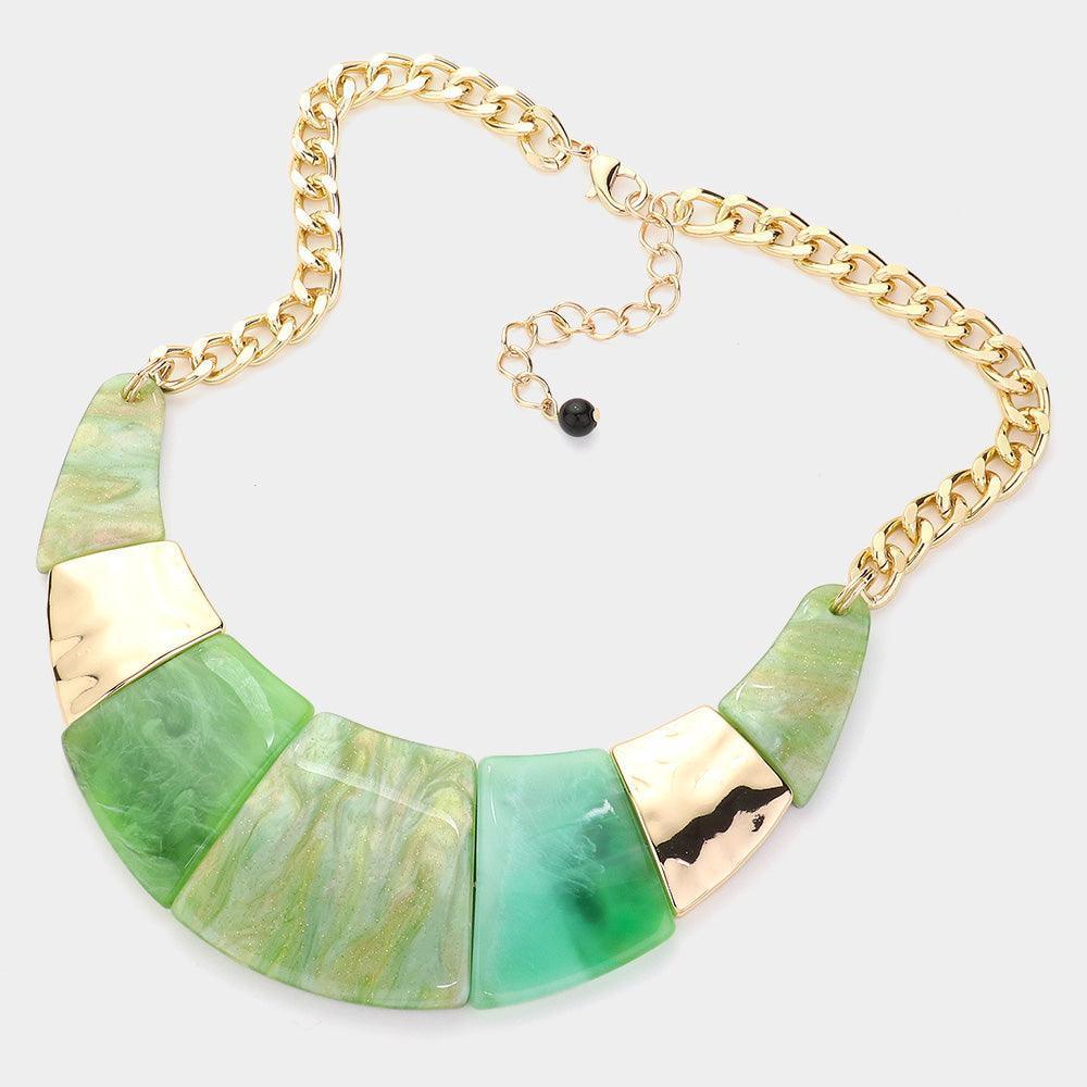 Green Marble Print Resin Curved Bib Necklace - Jewelry Store by Erik Rayo