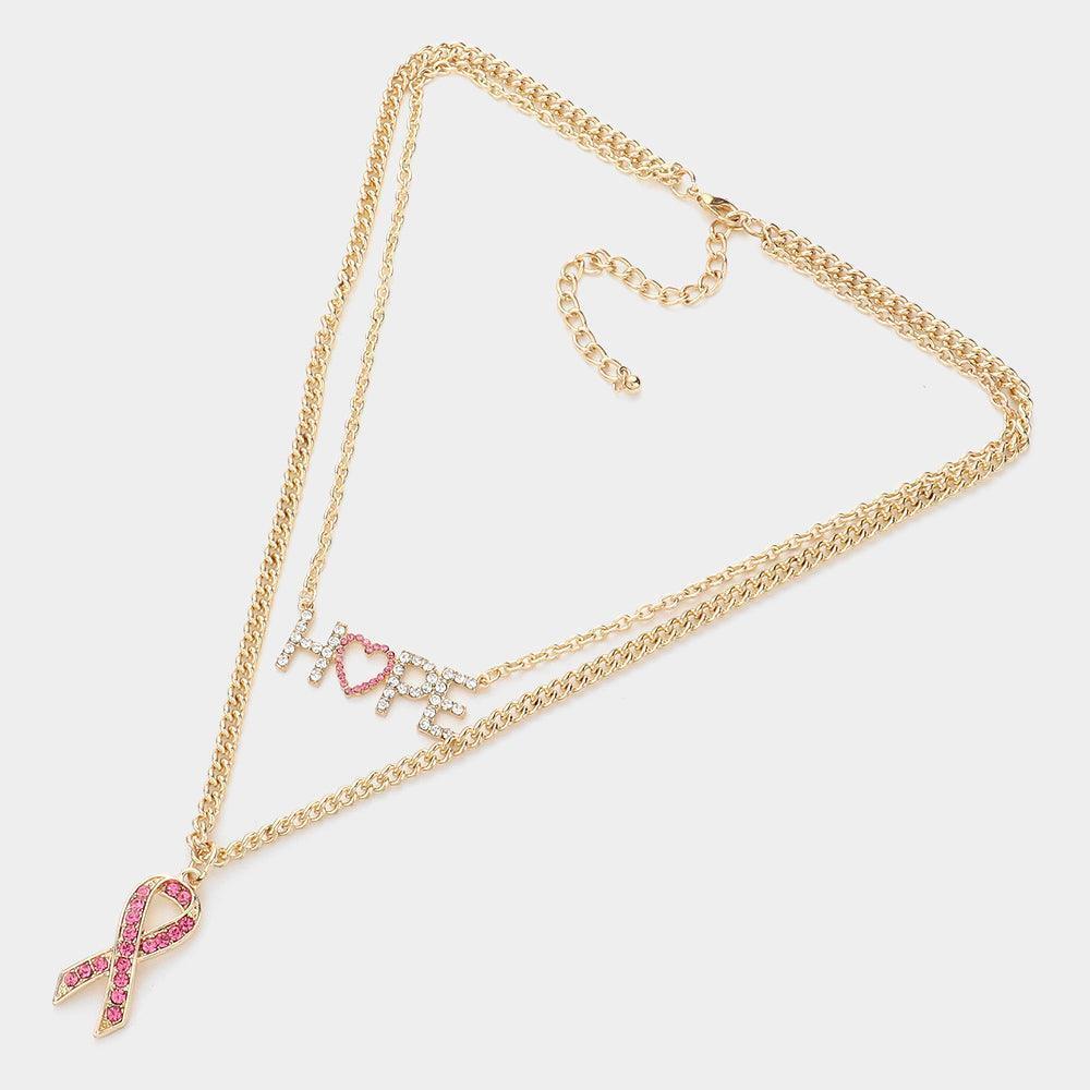 Pink Hope Message Pink Ribbon Pendant Double Layered Necklace - Jewelry Store by Erik Rayo
