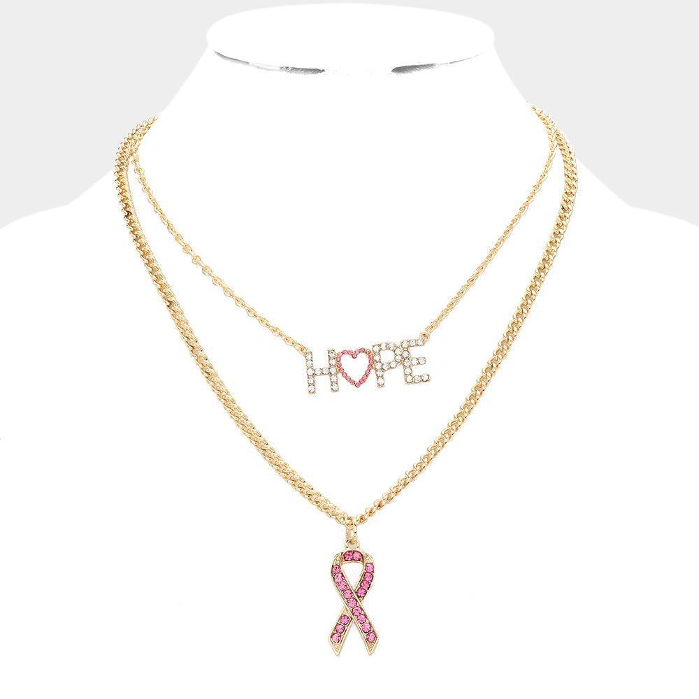 Pink Hope Message Pink Ribbon Pendant Double Layered Necklace - Jewelry Store by Erik Rayo