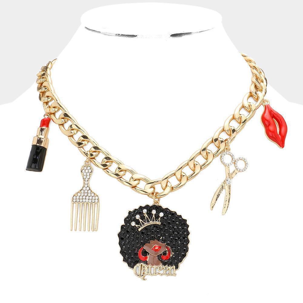 Gold Lipstick Comb Afro Girl Scissors Lips Pendant Station Necklace - Jewelry Store by Erik Rayo