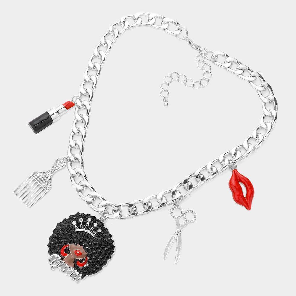 Lipstick Comb Afro Girl Scissors Lips Pendant Station Necklace - Jewelry Store by Erik Rayo