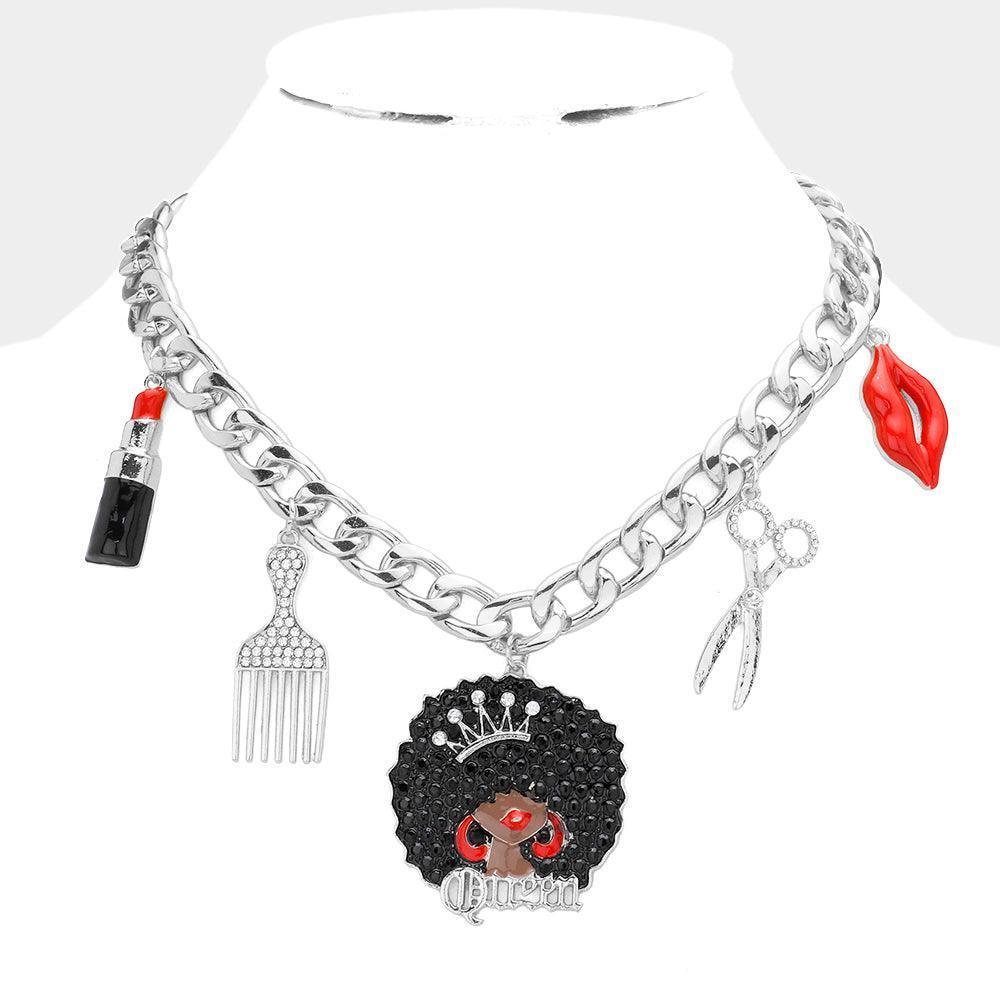 Lipstick Comb Afro Girl Scissors Lips Pendant Station Necklace - Jewelry Store by Erik Rayo
