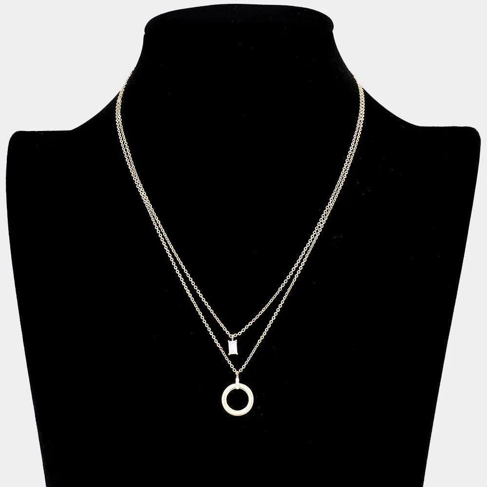 Gold Rectangle Stone Rhinestone Embellished Brass Metal Open Circle Pendant Double Layered Necklace - Jewelry Store by Erik Rayo