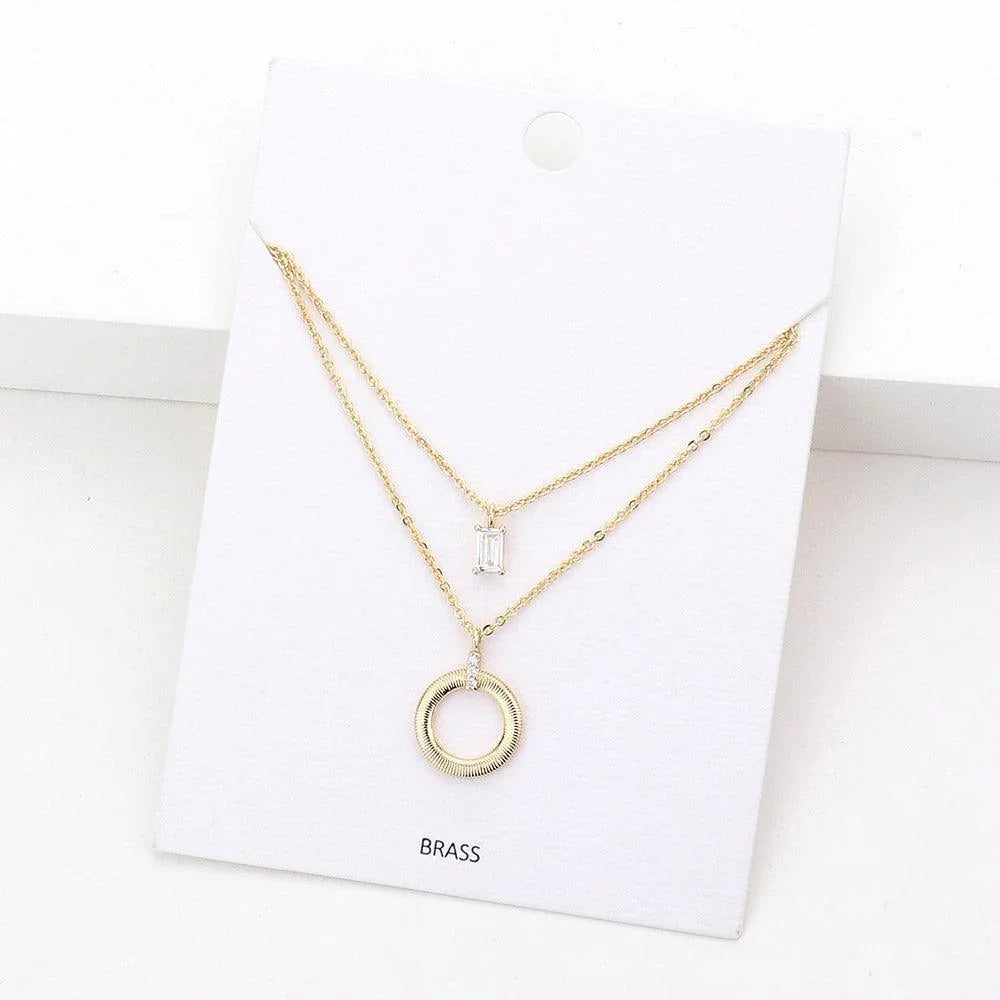 Gold Rectangle Stone Rhinestone Embellished Brass Metal Open Circle Pendant Double Layered Necklace - Jewelry Store by Erik Rayo