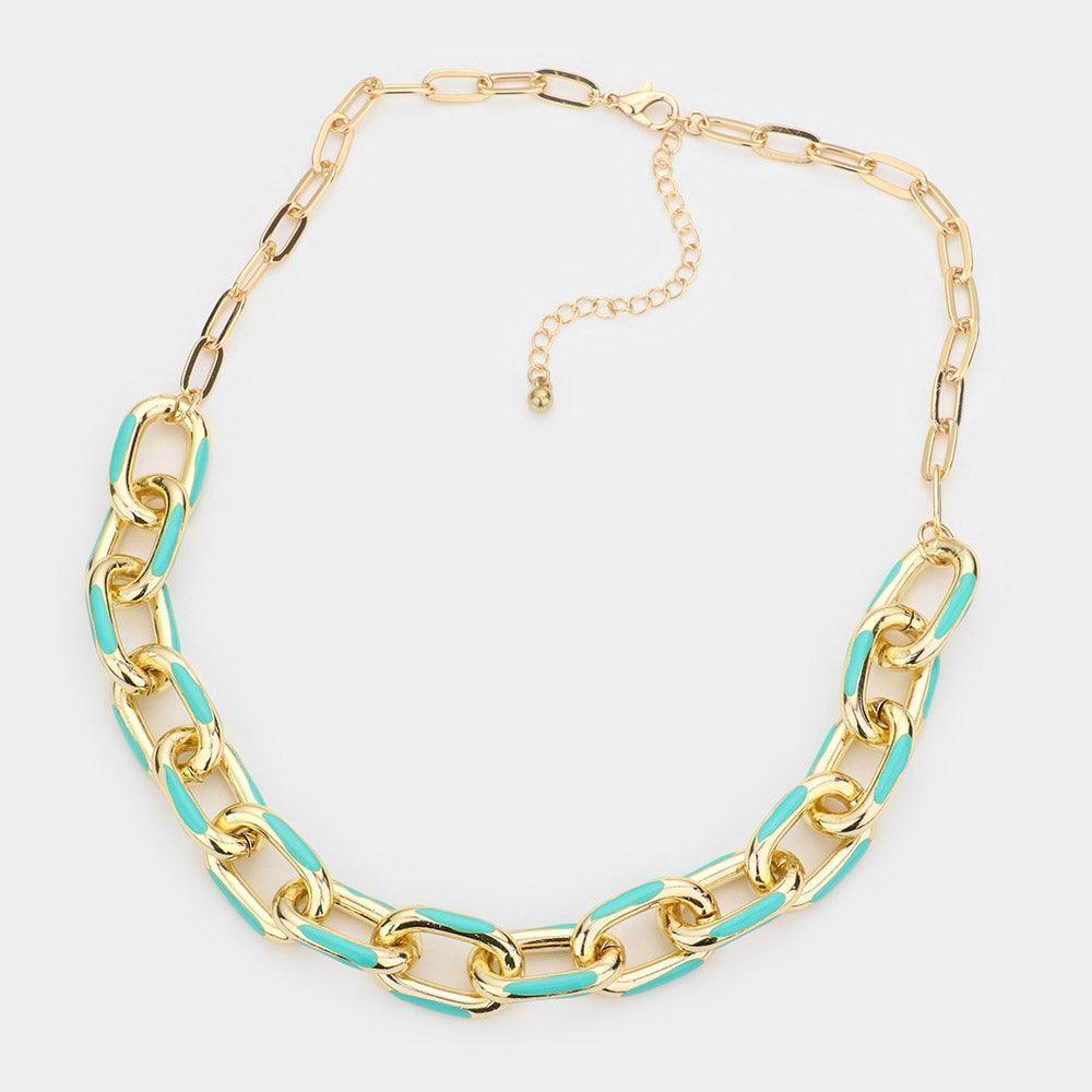 Turquoise Enamel Decorated Open Metal Link Chain Necklace - Jewelry Store by Erik Rayo