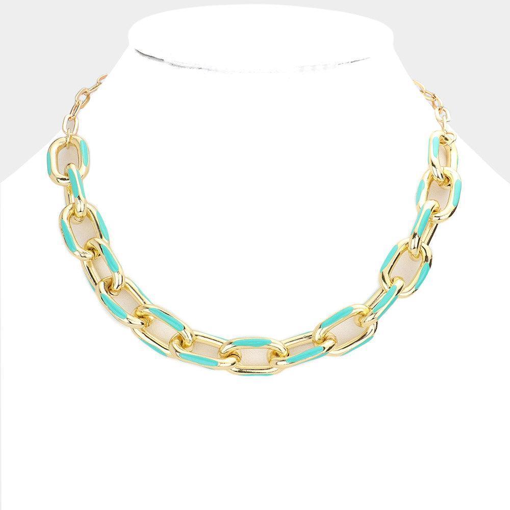 Turquoise Enamel Decorated Open Metal Link Chain Necklace - Jewelry Store by Erik Rayo