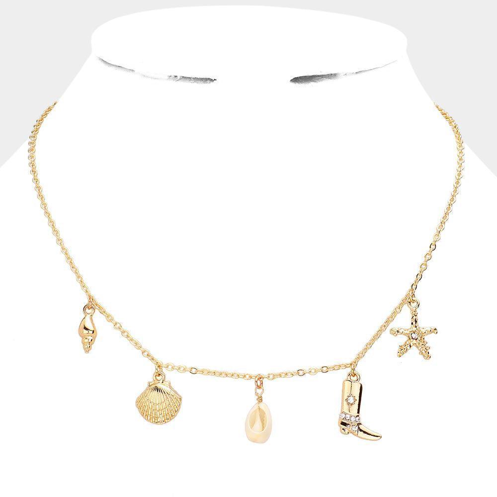 Gold Shell Western Boots Starfish Charm Station Necklace - Jewelry Store by Erik Rayo