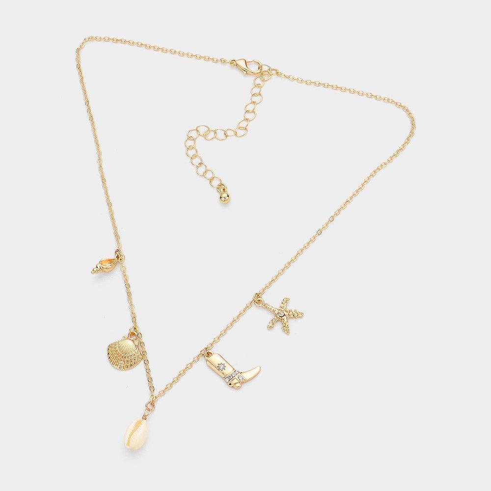 Gold Shell Western Boots Starfish Charm Station Necklace - Jewelry Store by Erik Rayo
