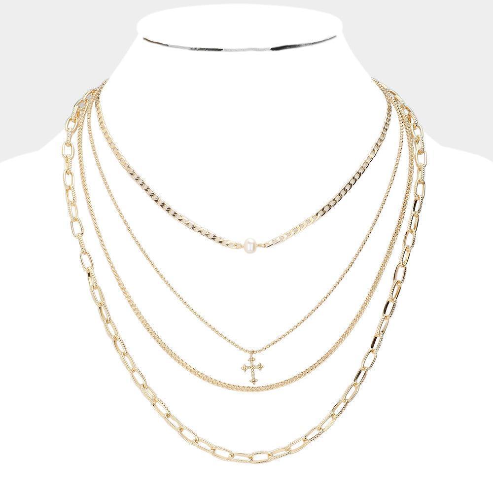 Cream Pearl Cross Pendant Multi Layered Chain Necklace - Jewelry Store by Erik Rayo