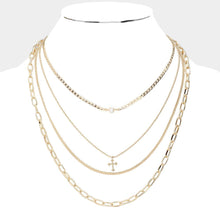 Load image into Gallery viewer, Cream Pearl Cross Pendant Multi Layered Chain Necklace
