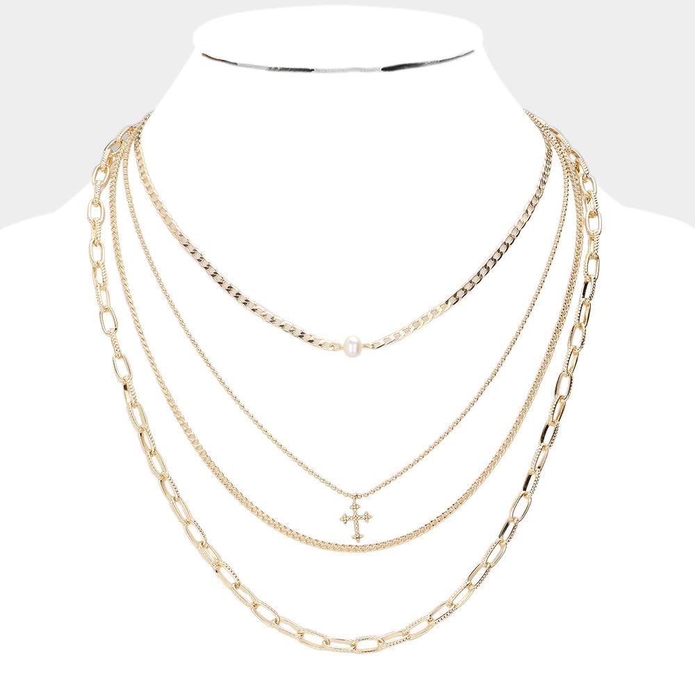 Cream Pearl Cross Pendant Multi Layered Chain Necklace