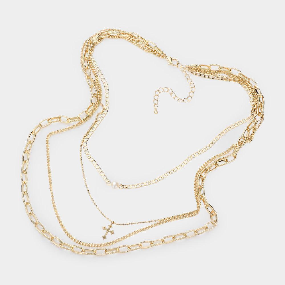 Cream Pearl Cross Pendant Multi Layered Chain Necklace - Jewelry Store by Erik Rayo