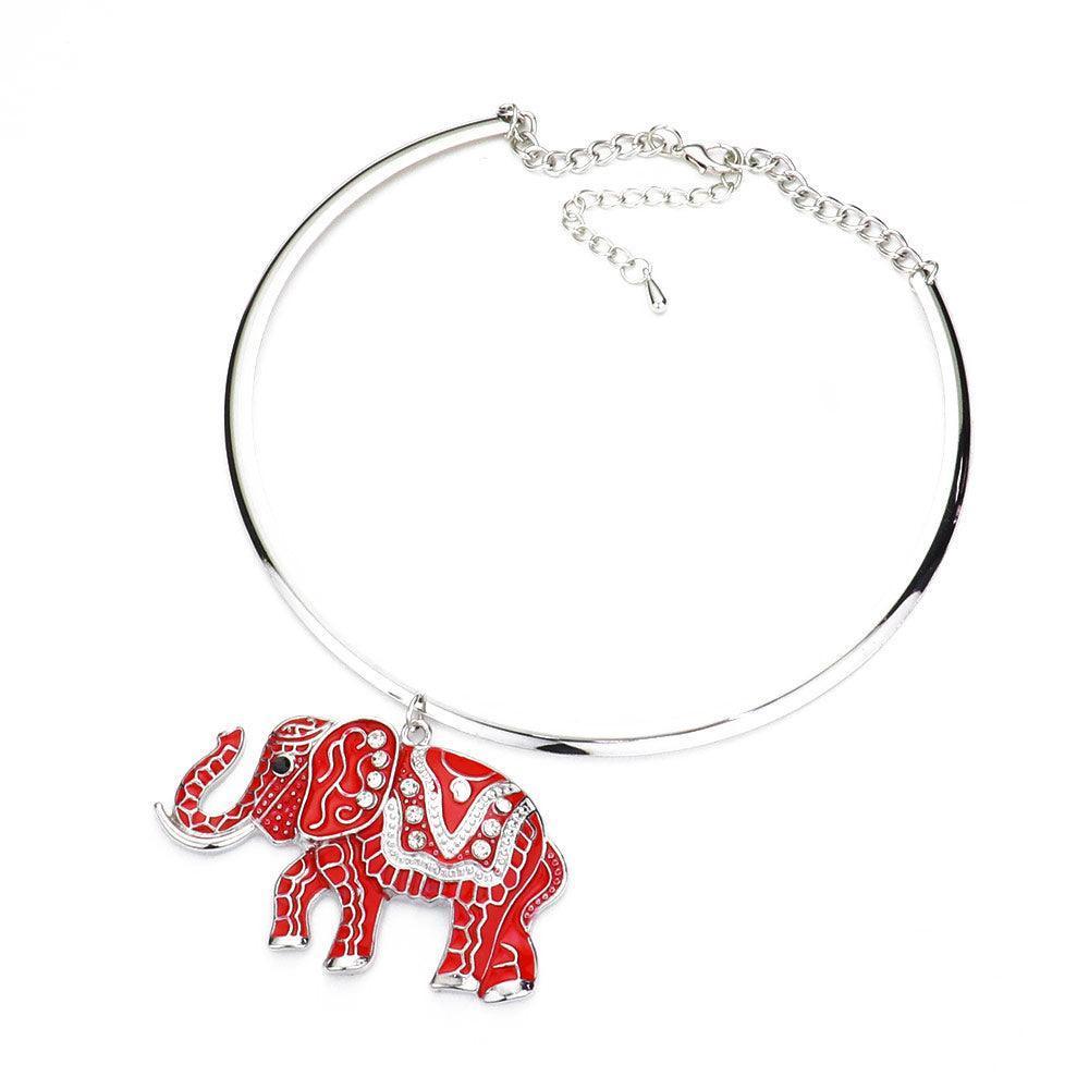 Red Rhinestone Embellished Enamel Elephant Pendant Necklace - Jewelry Store by Erik Rayo