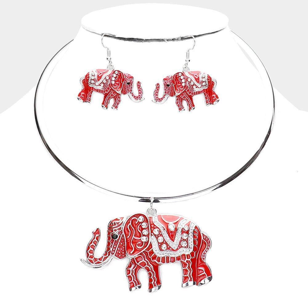 Red Rhinestone Embellished Enamel Elephant Pendant Necklace - Jewelry Store by Erik Rayo