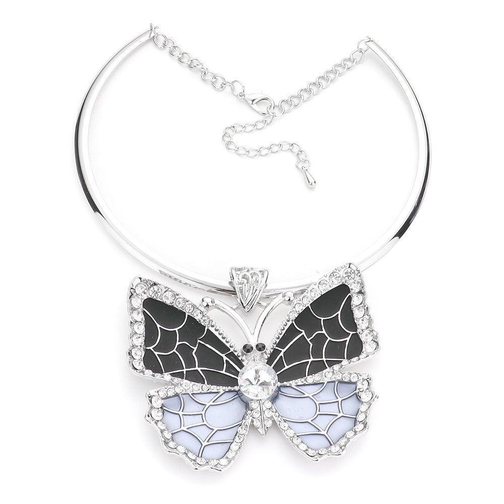 Black Colored Metal Stone Trim Butterfly Pendant Necklace - Jewelry Store by Erik Rayo