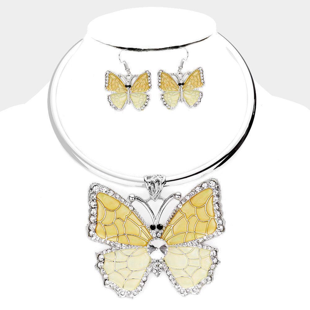 Yellow Colored Metal Stone Trim Butterfly Pendant Necklace - Jewelry Store by Erik Rayo