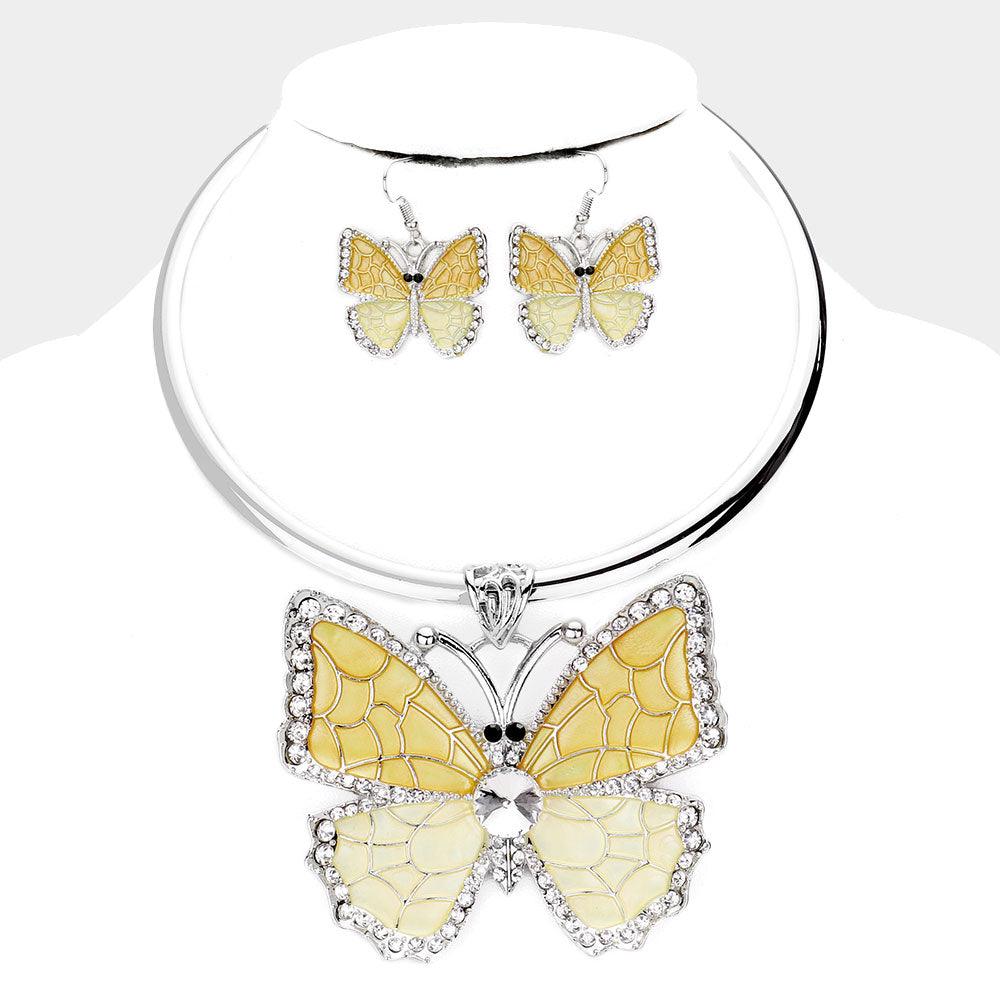 Yellow Colored Metal Stone Trim Butterfly Pendant Necklace