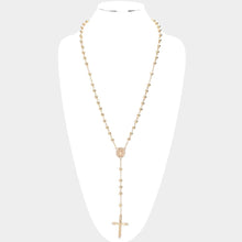 Load image into Gallery viewer, Gold Crucifix Pendant Beaded Y Rosary Necklace
