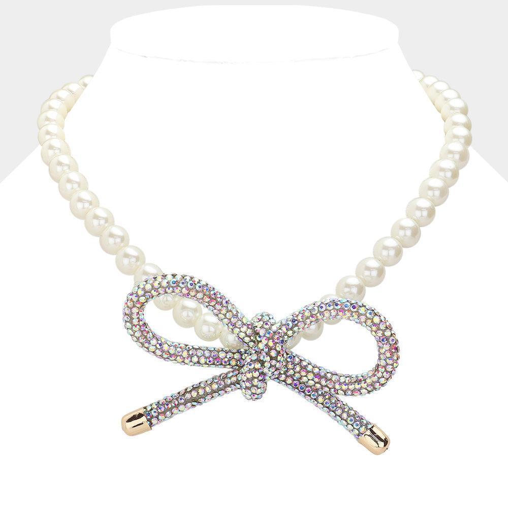 Gold Bling Studded Bow Pointed Pearl Necklace - Jewelry Store by Erik Rayo