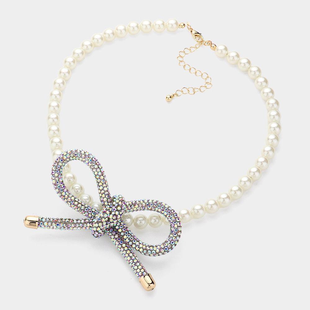 Gold Bling Studded Bow Pointed Pearl Necklace - Jewelry Store by Erik Rayo