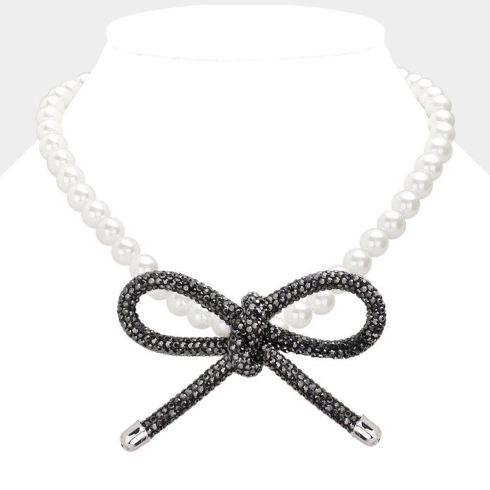 Bling Studded Bow Pointed Pearl Necklace - Jewelry Store by Erik Rayo