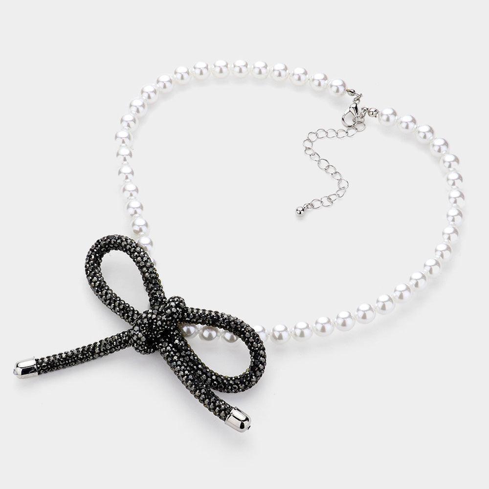 Bling Studded Bow Pointed Pearl Necklace - Jewelry Store by Erik Rayo