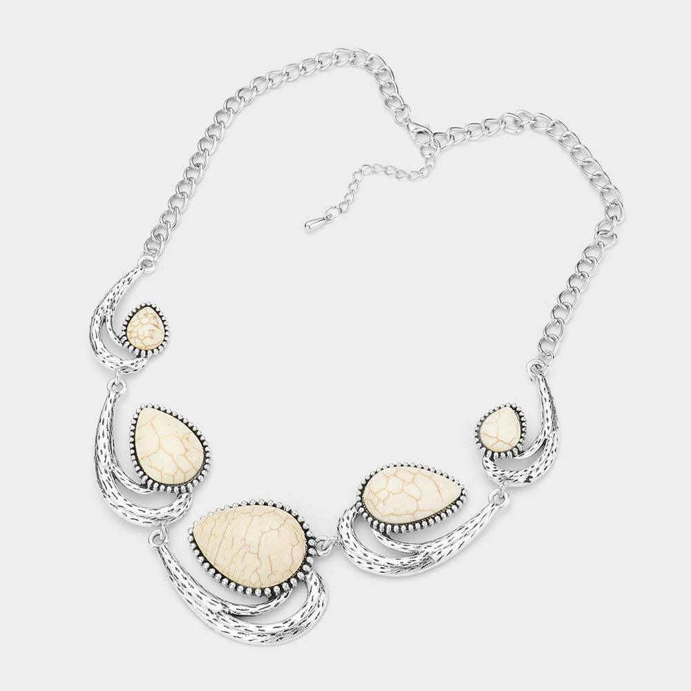 White Teardrop Natural Stone Accented Abstract Metal Necklace - Jewelry Store by Erik Rayo
