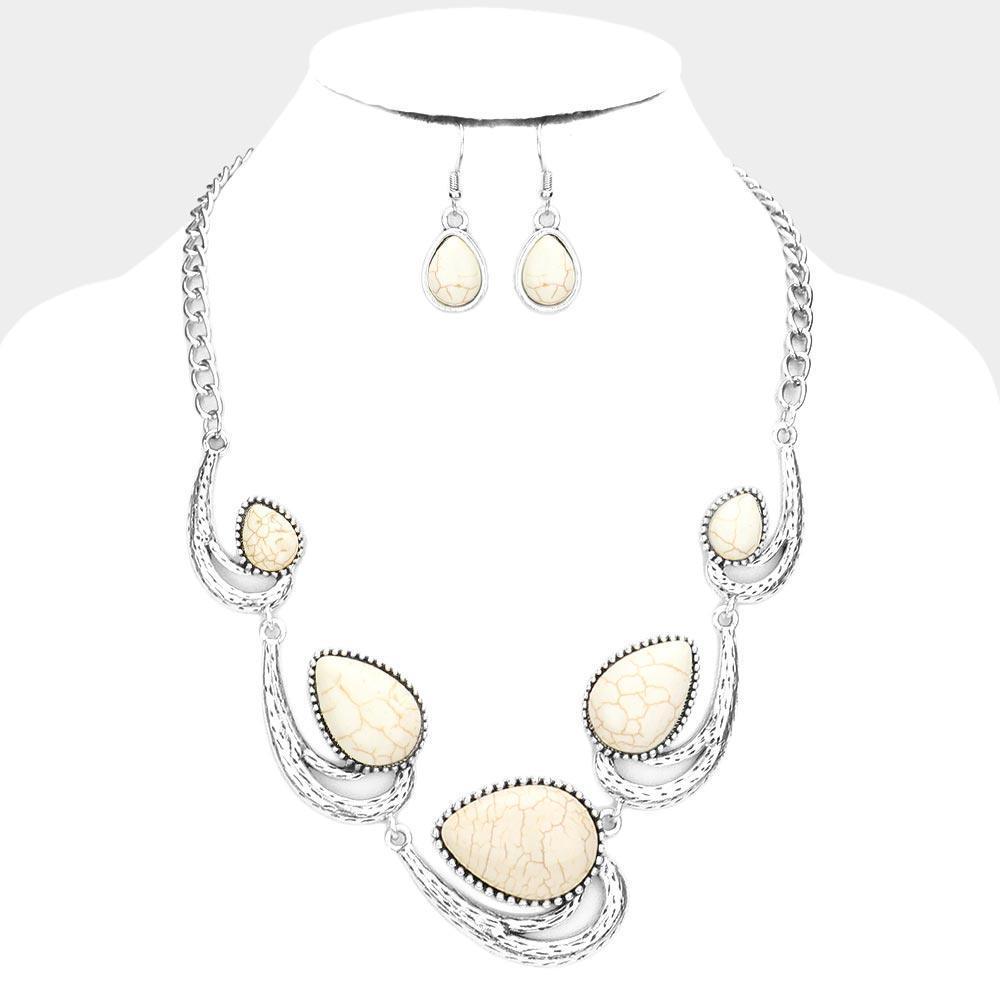 White Teardrop Natural Stone Accented Abstract Metal Necklace - Jewelry Store by Erik Rayo