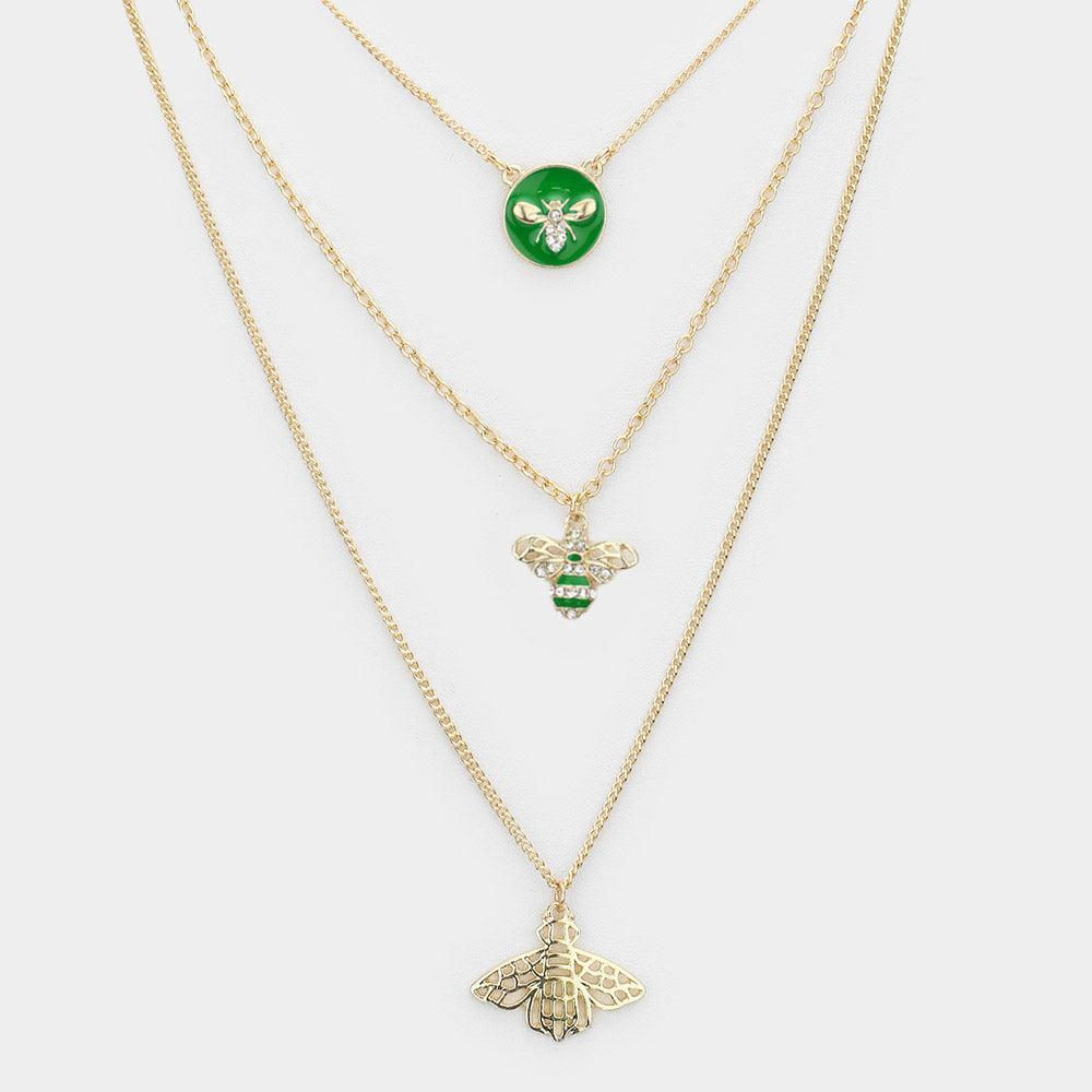 Green Enamel Rhinestone Embellished Honey Bee Pendant Triple Layered Necklace - Jewelry Store by Erik Rayo