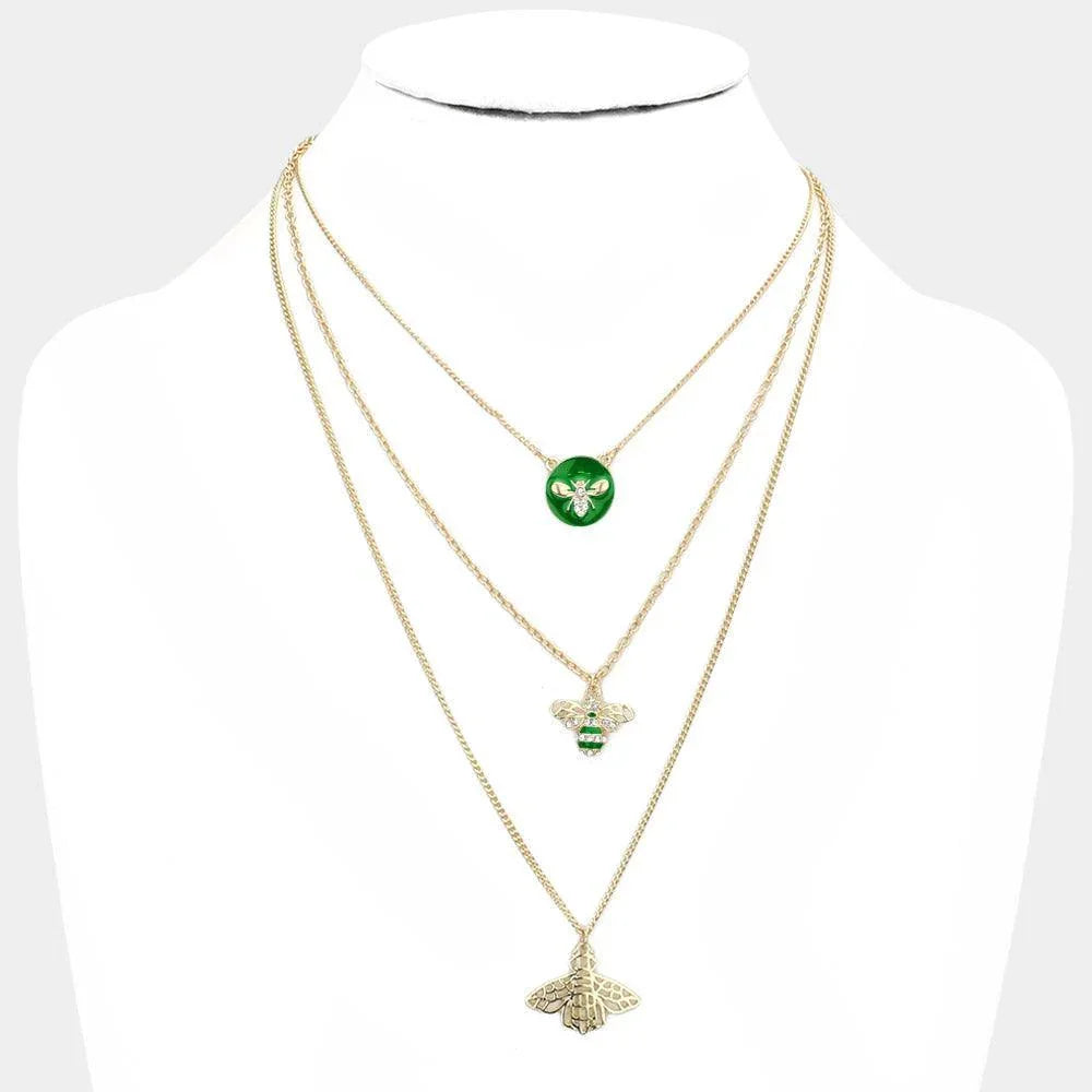 Green Enamel Rhinestone Embellished Honey Bee Pendant Triple Layered Necklace - Jewelry Store by Erik Rayo
