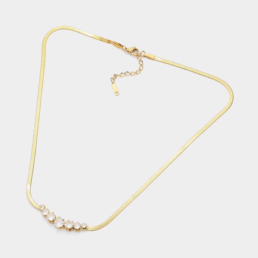 Gold Round Stone Bar Pendant Stainless Steel Herringbone Chain Necklace - Jewelry Store by Erik Rayo