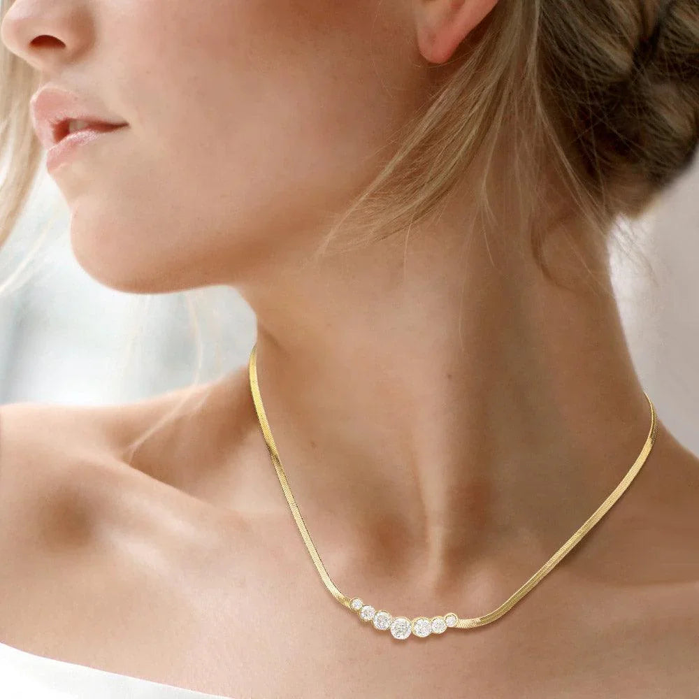 Gold Round Stone Bar Pendant Stainless Steel Herringbone Chain Necklace - Jewelry Store by Erik Rayo
